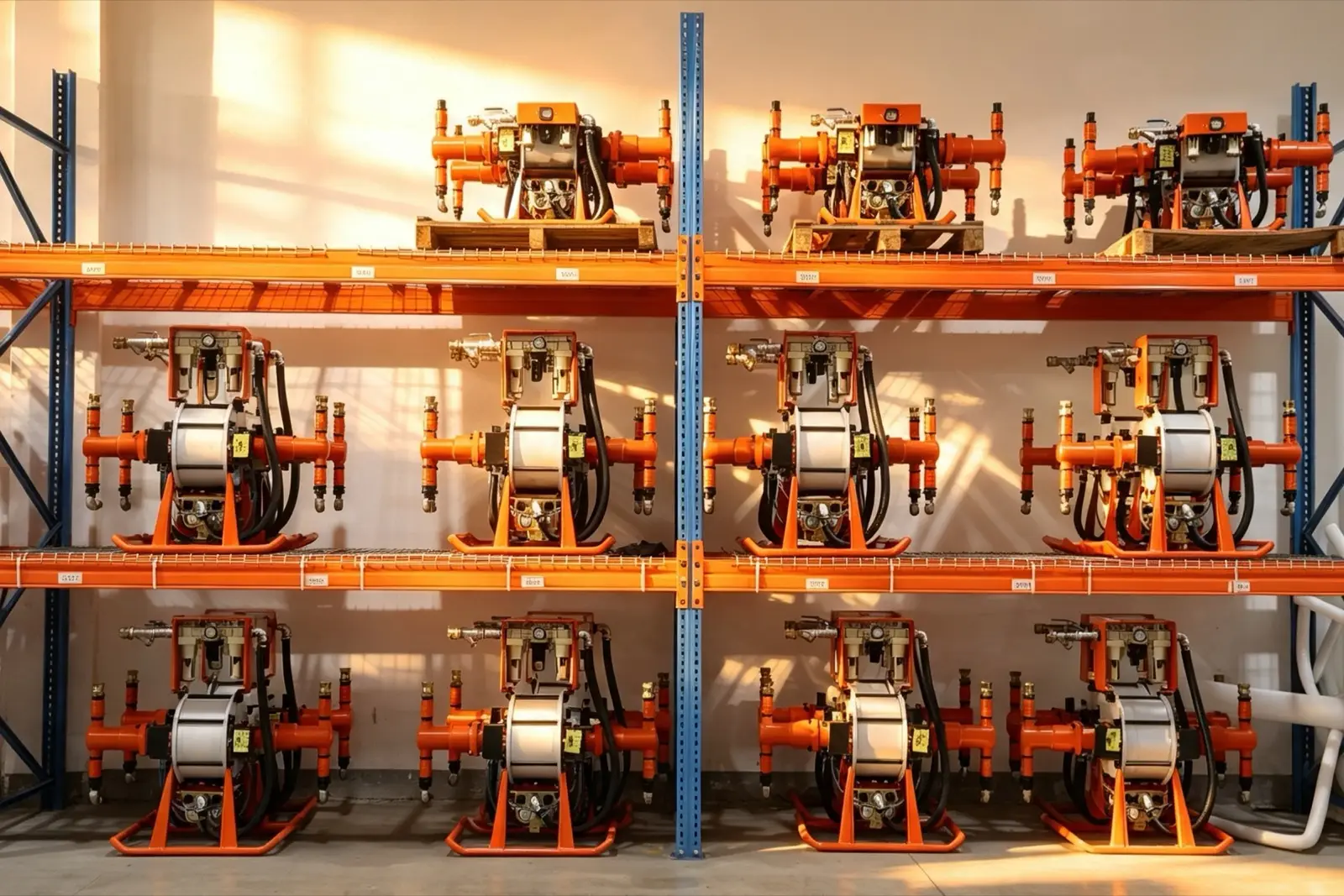 Rows of finished orange pneumatic grouting pumps on warehouse racking, ready to ship.